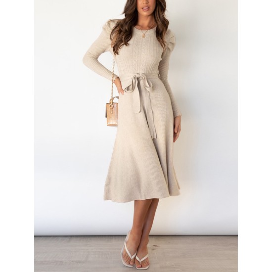 Solid Color Tied Waist High Waisted Long Sleeves Round-Neck Sweater Dresses Midi Dresses Solid Color Tied Waist High Waisted Long Sleeves Round-Neck Sweater Dresses Midi Dresses