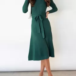 Solid Color Tied Waist High Waisted Long Sleeves Round-Neck Sweater Dresses Midi Dresses