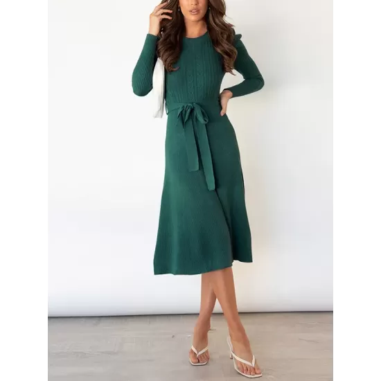 Solid Color Tied Waist High Waisted Long Sleeves Round-Neck Sweater Dresses Midi Dresses Solid Color Tied Waist High Waisted Long Sleeves Round-Neck Sweater Dresses Midi Dresses