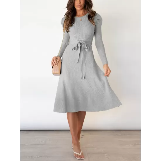 Solid Color Tied Waist High Waisted Long Sleeves Round-Neck Sweater Dresses Midi Dresses Solid Color Tied Waist High Waisted Long Sleeves Round-Neck Sweater Dresses Midi Dresses