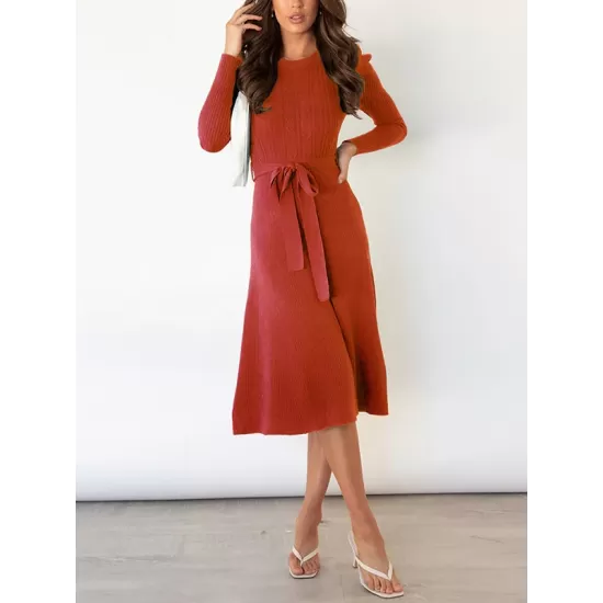 Solid Color Tied Waist High Waisted Long Sleeves Round-Neck Sweater Dresses Midi Dresses Solid Color Tied Waist High Waisted Long Sleeves Round-Neck Sweater Dresses Midi Dresses