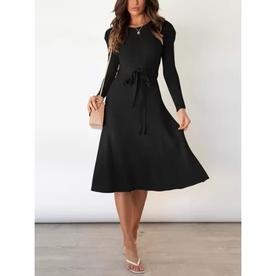 Solid Color Tied Waist High Waisted Long Sleeves Round-Neck Sweater Dresses Midi Dresses Solid Color Tied Waist High Waisted Long Sleeves Round-Neck Sweater Dresses Midi Dresses