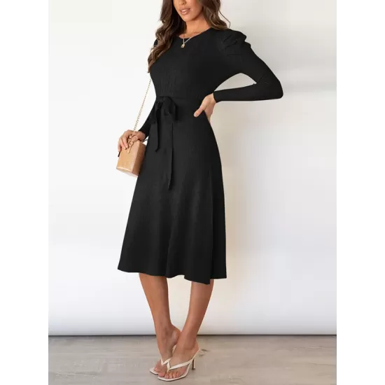 Solid Color Tied Waist High Waisted Long Sleeves Round-Neck Sweater Dresses Midi Dresses Solid Color Tied Waist High Waisted Long Sleeves Round-Neck Sweater Dresses Midi Dresses