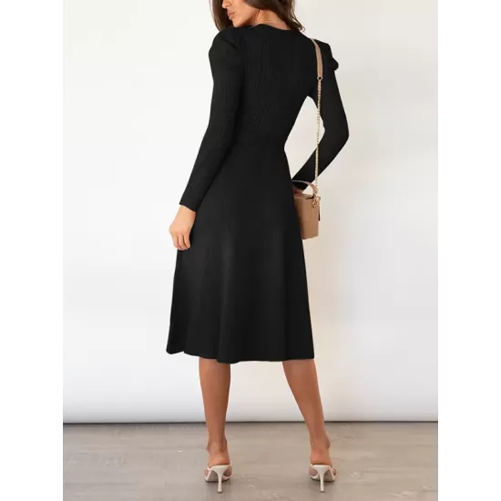 Solid Color Tied Waist High Waisted Long Sleeves Round-Neck Sweater Dresses Midi Dresses Solid Color Tied Waist High Waisted Long Sleeves Round-Neck Sweater Dresses Midi Dresses