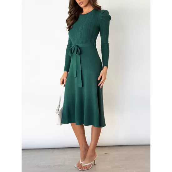 Solid Color Tied Waist High Waisted Long Sleeves Round-Neck Sweater Dresses Midi Dresses Solid Color Tied Waist High Waisted Long Sleeves Round-Neck Sweater Dresses Midi Dresses