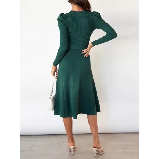 Solid Color Tied Waist High Waisted Long Sleeves Round-Neck Sweater Dresses Midi Dresses Solid Color Tied Waist High Waisted Long Sleeves Round-Neck Sweater Dresses Midi Dresses
