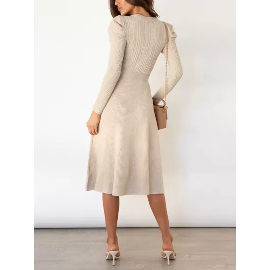 Solid Color Tied Waist High Waisted Long Sleeves Round-Neck Sweater Dresses Midi Dresses Solid Color Tied Waist High Waisted Long Sleeves Round-Neck Sweater Dresses Midi Dresses