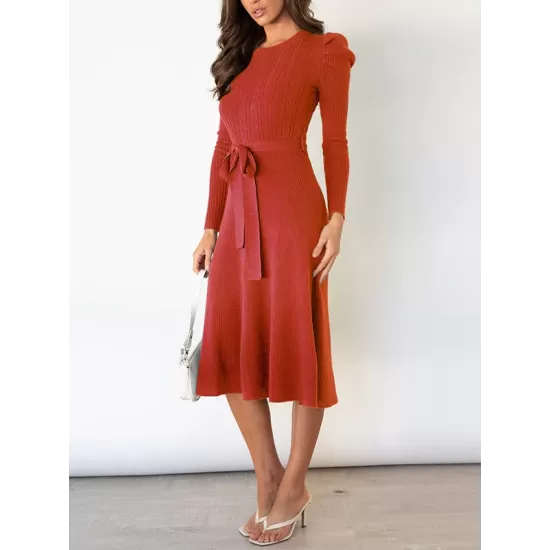 Solid Color Tied Waist High Waisted Long Sleeves Round-Neck Sweater Dresses Midi Dresses Solid Color Tied Waist High Waisted Long Sleeves Round-Neck Sweater Dresses Midi Dresses