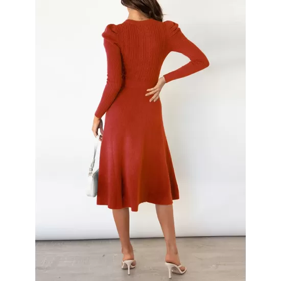 Solid Color Tied Waist High Waisted Long Sleeves Round-Neck Sweater Dresses Midi Dresses Solid Color Tied Waist High Waisted Long Sleeves Round-Neck Sweater Dresses Midi Dresses