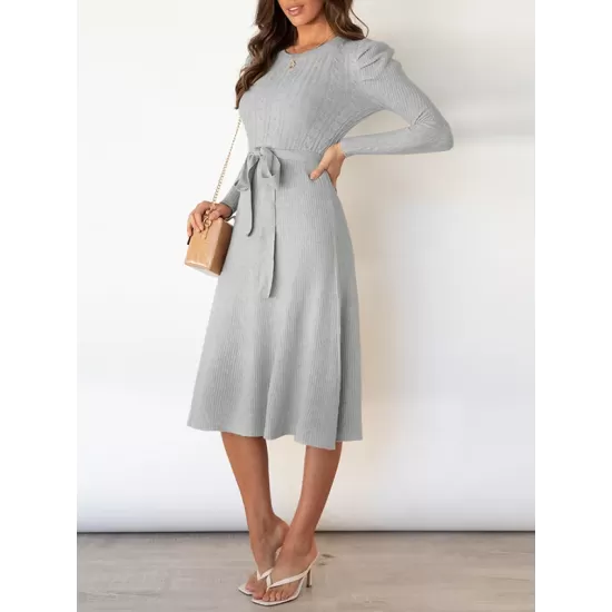 Solid Color Tied Waist High Waisted Long Sleeves Round-Neck Sweater Dresses Midi Dresses Solid Color Tied Waist High Waisted Long Sleeves Round-Neck Sweater Dresses Midi Dresses