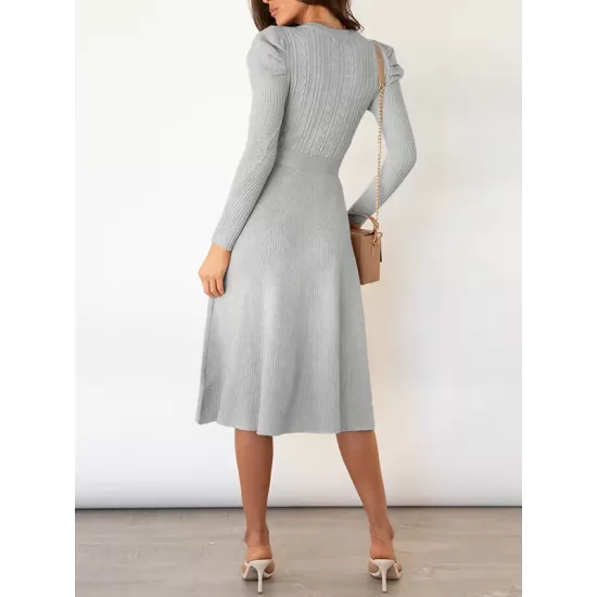 Solid Color Tied Waist High Waisted Long Sleeves Round-Neck Sweater Dresses Midi Dresses Solid Color Tied Waist High Waisted Long Sleeves Round-Neck Sweater Dresses Midi Dresses