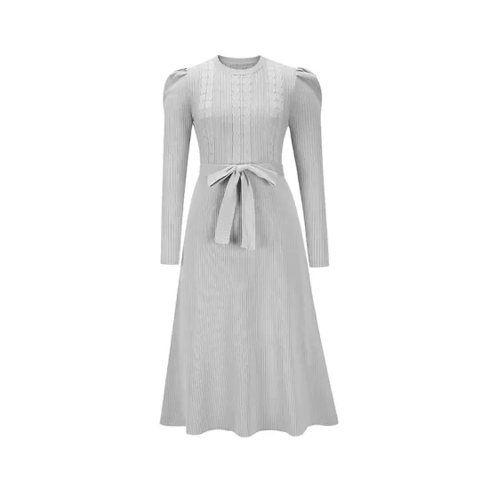 Solid Color Tied Waist High Waisted Long Sleeves Round-Neck Sweater Dresses Midi Dresses Solid Color Tied Waist High Waisted Long Sleeves Round-Neck Sweater Dresses Midi Dresses