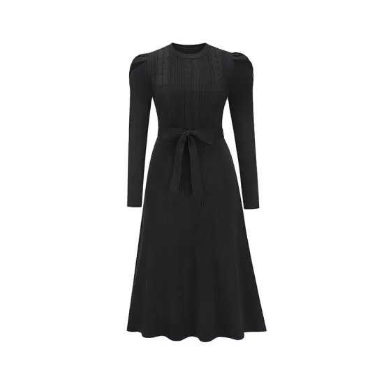 Solid Color Tied Waist High Waisted Long Sleeves Round-Neck Sweater Dresses Midi Dresses Solid Color Tied Waist High Waisted Long Sleeves Round-Neck Sweater Dresses Midi Dresses