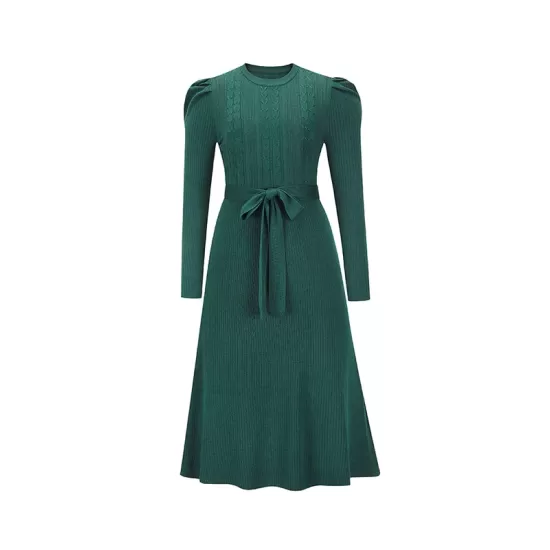 Solid Color Tied Waist High Waisted Long Sleeves Round-Neck Sweater Dresses Midi Dresses Solid Color Tied Waist High Waisted Long Sleeves Round-Neck Sweater Dresses Midi Dresses