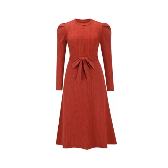 Solid Color Tied Waist High Waisted Long Sleeves Round-Neck Sweater Dresses Midi Dresses Solid Color Tied Waist High Waisted Long Sleeves Round-Neck Sweater Dresses Midi Dresses