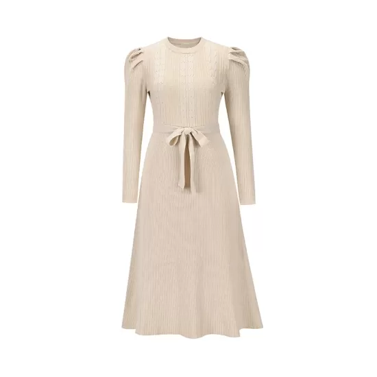 Solid Color Tied Waist High Waisted Long Sleeves Round-Neck Sweater Dresses Midi Dresses Solid Color Tied Waist High Waisted Long Sleeves Round-Neck Sweater Dresses Midi Dresses