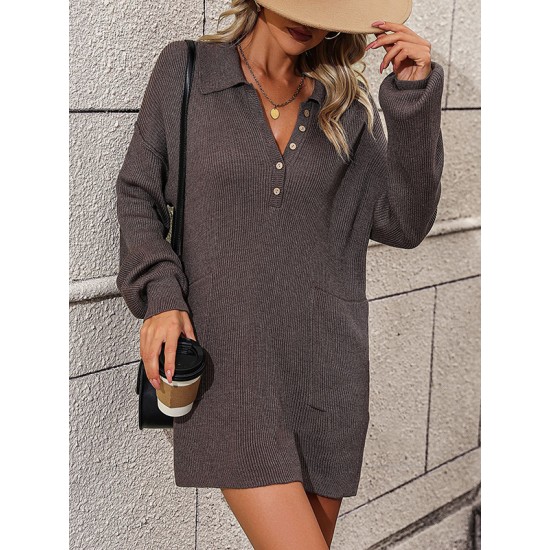 Split-Joint Loose Puff Sleeves Lapel Sweater Dresses Mini Dresses Split-Joint Loose Puff Sleeves Lapel Sweater Dresses Mini Dresses