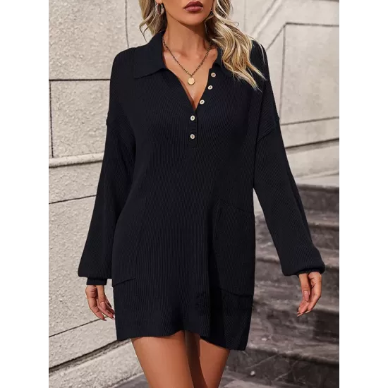 Split-Joint Loose Puff Sleeves Lapel Sweater Dresses Mini Dresses Split-Joint Loose Puff Sleeves Lapel Sweater Dresses Mini Dresses