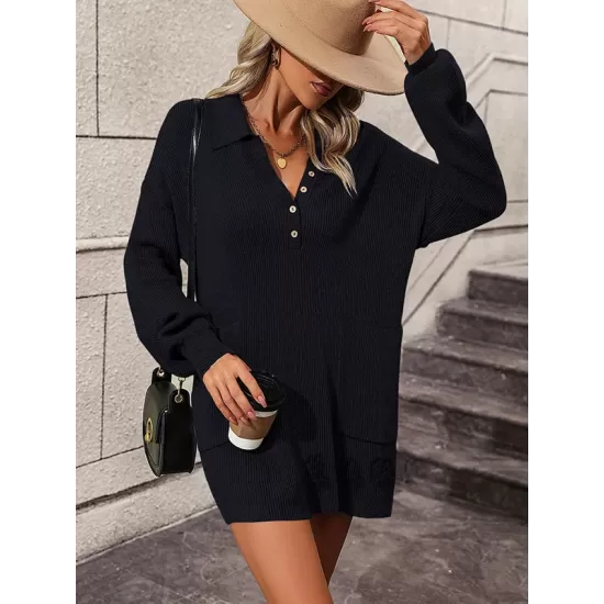 Split-Joint Loose Puff Sleeves Lapel Sweater Dresses Mini Dresses Split-Joint Loose Puff Sleeves Lapel Sweater Dresses Mini Dresses