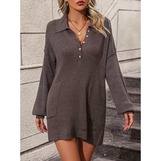 Split-Joint Loose Puff Sleeves Lapel Sweater Dresses Mini Dresses Split-Joint Loose Puff Sleeves Lapel Sweater Dresses Mini Dresses