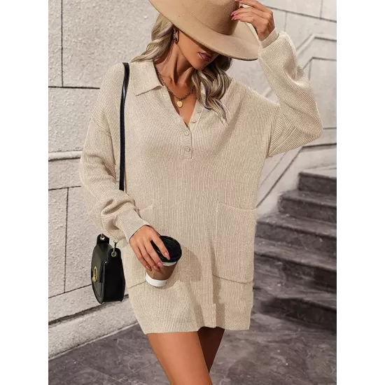 Split-Joint Loose Puff Sleeves Lapel Sweater Dresses Mini Dresses Split-Joint Loose Puff Sleeves Lapel Sweater Dresses Mini Dresses
