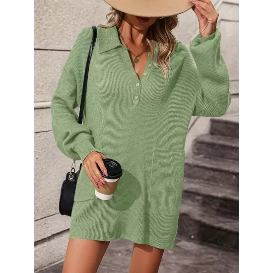 Split-Joint Loose Puff Sleeves Lapel Sweater Dresses Mini Dresses Split-Joint Loose Puff Sleeves Lapel Sweater Dresses Mini Dresses