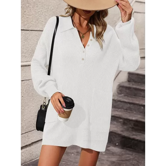 Split-Joint Loose Puff Sleeves Lapel Sweater Dresses Mini Dresses Split-Joint Loose Puff Sleeves Lapel Sweater Dresses Mini Dresses