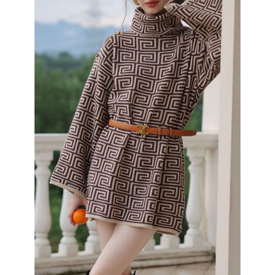 Jacquard Printed Flared Sleeves Long Sleeves High Neck Sweater Dresses Mini Dresses Jacquard Printed Flared Sleeves Long Sleeves High Neck Sweater Dresses Mini Dresses
