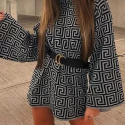 Jacquard Printed Flared Sleeves Long Sleeves High Neck Sweater Dresses Mini Dresses