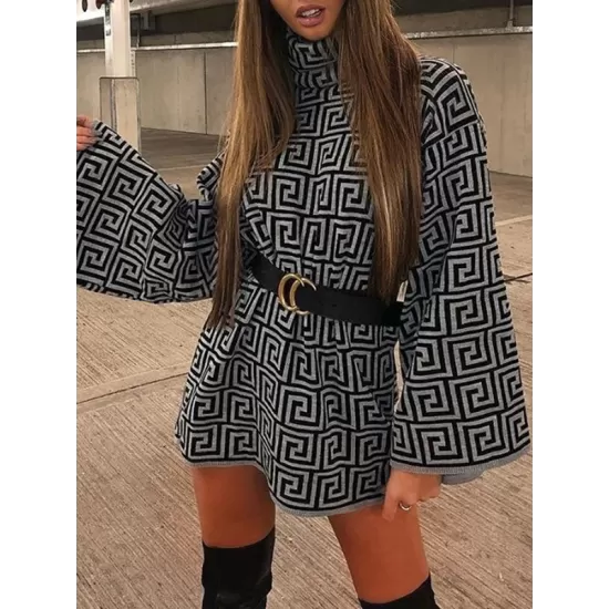 Jacquard Printed Flared Sleeves Long Sleeves High Neck Sweater Dresses Mini Dresses Jacquard Printed Flared Sleeves Long Sleeves High Neck Sweater Dresses Mini Dresses