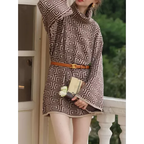 Jacquard Printed Flared Sleeves Long Sleeves High Neck Sweater Dresses Mini Dresses Jacquard Printed Flared Sleeves Long Sleeves High Neck Sweater Dresses Mini Dresses