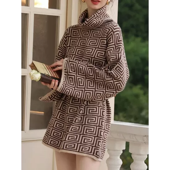 Jacquard Printed Flared Sleeves Long Sleeves High Neck Sweater Dresses Mini Dresses Jacquard Printed Flared Sleeves Long Sleeves High Neck Sweater Dresses Mini Dresses