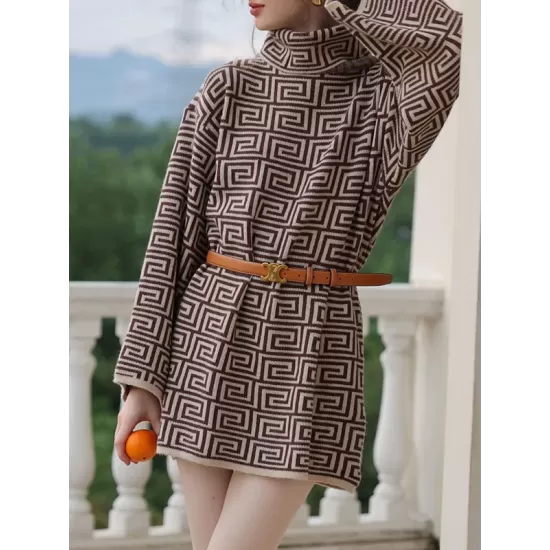 Jacquard Printed Flared Sleeves Long Sleeves High Neck Sweater Dresses Mini Dresses Jacquard Printed Flared Sleeves Long Sleeves High Neck Sweater Dresses Mini Dresses