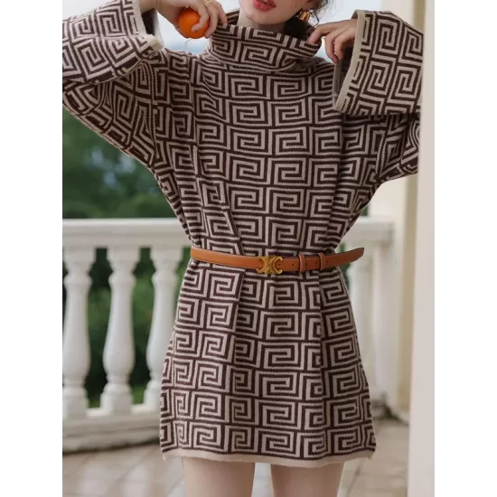 Jacquard Printed Flared Sleeves Long Sleeves High Neck Sweater Dresses Mini Dresses Jacquard Printed Flared Sleeves Long Sleeves High Neck Sweater Dresses Mini Dresses