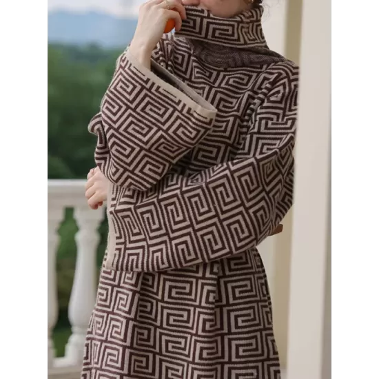 Jacquard Printed Flared Sleeves Long Sleeves High Neck Sweater Dresses Mini Dresses Jacquard Printed Flared Sleeves Long Sleeves High Neck Sweater Dresses Mini Dresses