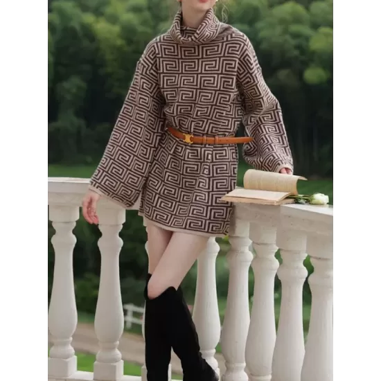 Jacquard Printed Flared Sleeves Long Sleeves High Neck Sweater Dresses Mini Dresses Jacquard Printed Flared Sleeves Long Sleeves High Neck Sweater Dresses Mini Dresses