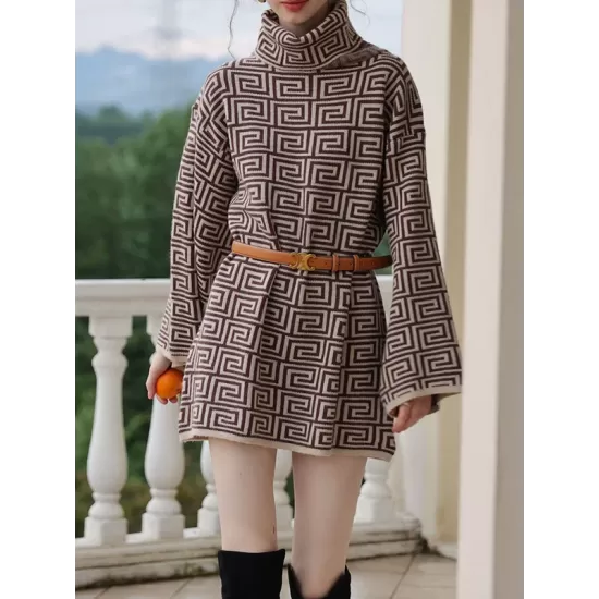 Jacquard Printed Flared Sleeves Long Sleeves High Neck Sweater Dresses Mini Dresses Jacquard Printed Flared Sleeves Long Sleeves High Neck Sweater Dresses Mini Dresses