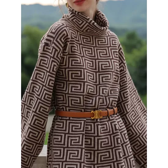 Jacquard Printed Flared Sleeves Long Sleeves High Neck Sweater Dresses Mini Dresses Jacquard Printed Flared Sleeves Long Sleeves High Neck Sweater Dresses Mini Dresses