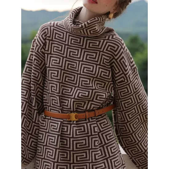 Jacquard Printed Flared Sleeves Long Sleeves High Neck Sweater Dresses Mini Dresses Jacquard Printed Flared Sleeves Long Sleeves High Neck Sweater Dresses Mini Dresses