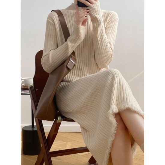 Fringed Solid Color Long Sleeves Loose Mock Neck Sweater Dresses Midi Dresses Fringed Solid Color Long Sleeves Loose Mock Neck Sweater Dresses Midi Dresses