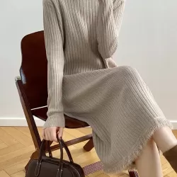 Fringed Solid Color Long Sleeves Loose Mock Neck Sweater Dresses Midi Dresses