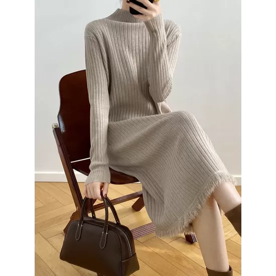 Fringed Solid Color Long Sleeves Loose Mock Neck Sweater Dresses Midi Dresses Fringed Solid Color Long Sleeves Loose Mock Neck Sweater Dresses Midi Dresses