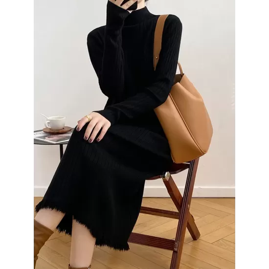 Fringed Solid Color Long Sleeves Loose Mock Neck Sweater Dresses Midi Dresses Fringed Solid Color Long Sleeves Loose Mock Neck Sweater Dresses Midi Dresses