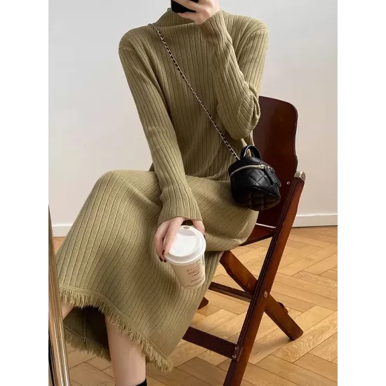 Fringed Solid Color Long Sleeves Loose Mock Neck Sweater Dresses Midi Dresses Fringed Solid Color Long Sleeves Loose Mock Neck Sweater Dresses Midi Dresses