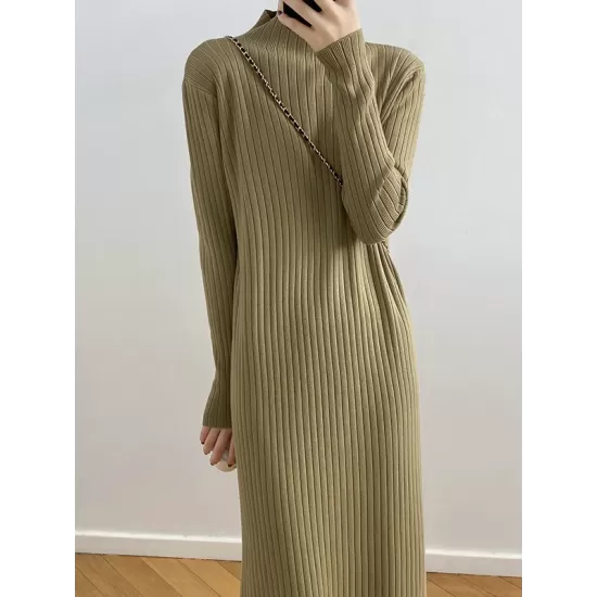 Fringed Solid Color Long Sleeves Loose Mock Neck Sweater Dresses Midi Dresses Fringed Solid Color Long Sleeves Loose Mock Neck Sweater Dresses Midi Dresses