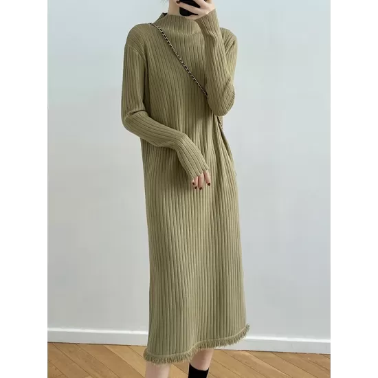 Fringed Solid Color Long Sleeves Loose Mock Neck Sweater Dresses Midi Dresses Fringed Solid Color Long Sleeves Loose Mock Neck Sweater Dresses Midi Dresses