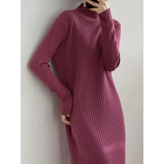Fringed Solid Color Long Sleeves Loose Mock Neck Sweater Dresses Midi Dresses Fringed Solid Color Long Sleeves Loose Mock Neck Sweater Dresses Midi Dresses
