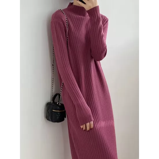 Fringed Solid Color Long Sleeves Loose Mock Neck Sweater Dresses Midi Dresses Fringed Solid Color Long Sleeves Loose Mock Neck Sweater Dresses Midi Dresses