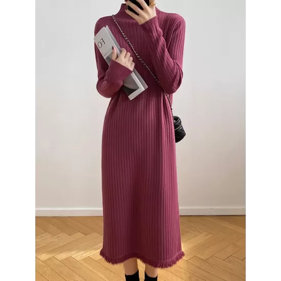 Fringed Solid Color Long Sleeves Loose Mock Neck Sweater Dresses Midi Dresses Fringed Solid Color Long Sleeves Loose Mock Neck Sweater Dresses Midi Dresses