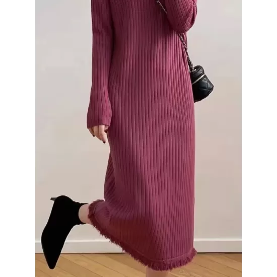 Fringed Solid Color Long Sleeves Loose Mock Neck Sweater Dresses Midi Dresses Fringed Solid Color Long Sleeves Loose Mock Neck Sweater Dresses Midi Dresses
